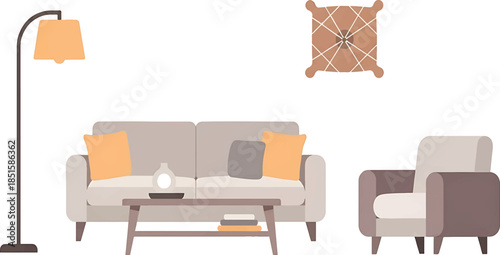 Flat lay illustration of a living room interior with sofa, armchair, coffee table, lamp, and rug against a white background.