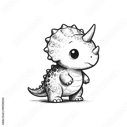 Cute baby triceratops. Black white vector illustration.