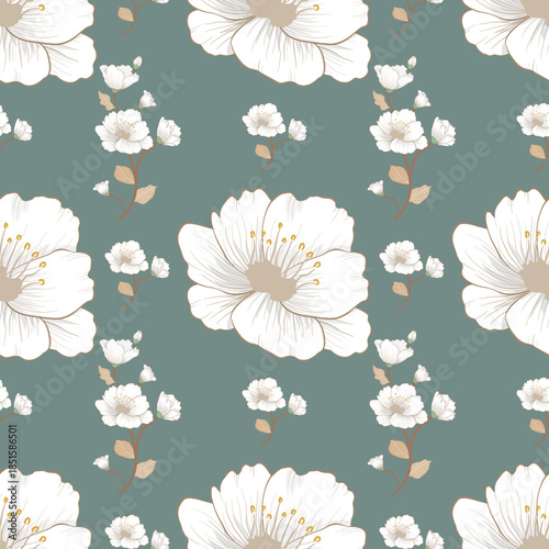 Floral Elegance: A delicate pattern featuring pristine white flowers scattered across a soft, muted backdrop, exuding a sense of understated beauty and timeless grace.