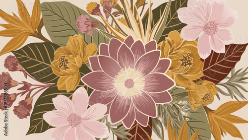 Warm earthy tones in a vintage floral bouquet illustration, perfect for elegant invitations, patterns, or decorative art