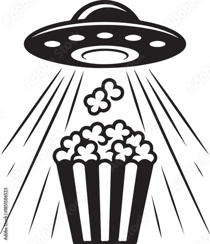 Popcorn kernel beamed up by UFO celebrates National Popcorn Day in stylish minimalism