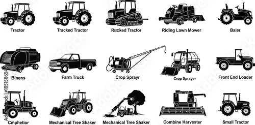 Farming machinery silhouette, agricultural equipment vector, tractor and harvester lineup, black design, farm tool comparison, rural industry concept