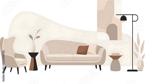 Minimalist living room interior with beige sofa, chair, side tables, and plants against a white background with abstract shapes.