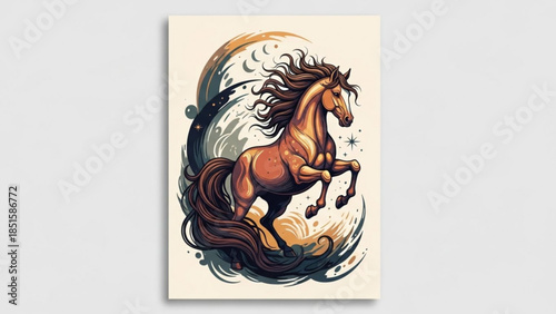 Brown horse with long mane and tail jumping in front of crescent moon and stars on beige background