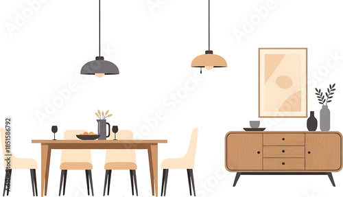 Flat lay illustration of a dining room setup with table, chairs, and sideboard against a clean white background.