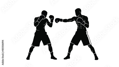 Two boxers in silhouette throw punches at each other in a fight.
