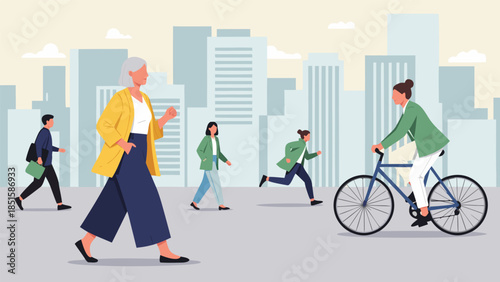 Diverse group of people enjoying a dynamic urban lifestyle, walking, running, and cycling against a modern city skyline backdrop, depicting everyday city life and movement