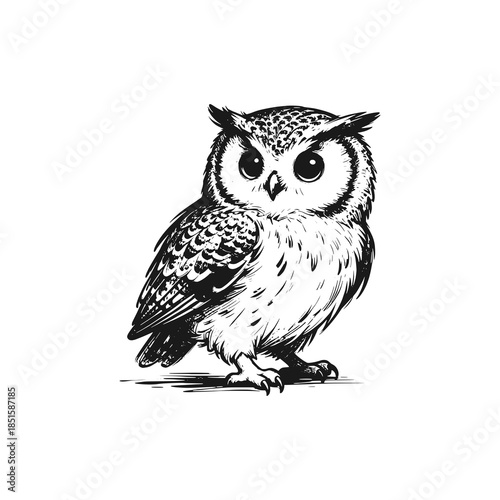 The sharp gaze of an owl. Black white vector illustration.