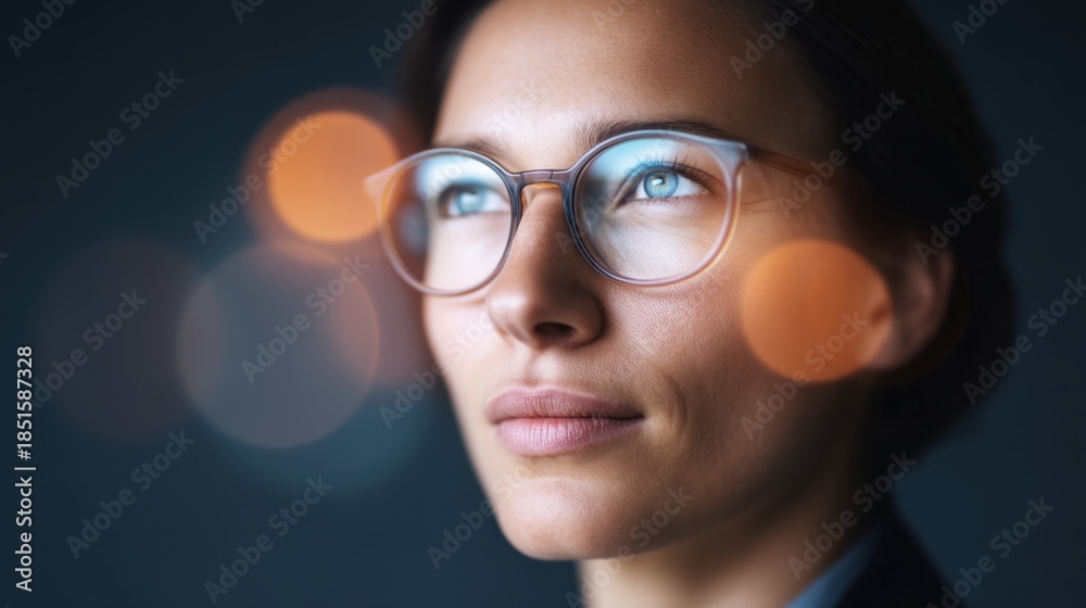 Fototapeta premium Thoughtful woman with glasses looking upward, close-up portrait with soft bokeh background creating a serene, contemplative atmosphere