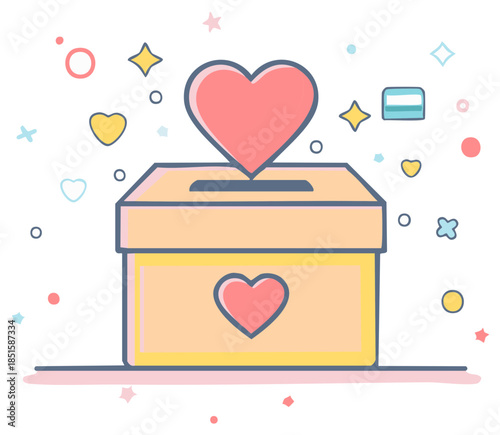 Love heart dropping into a charity donation box symbol of giving and kindness