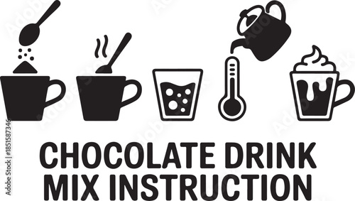 Set of silhouette icons. Instructions for preparing cocoa with milk. Directions for making a chocolate drink mix. Includes a cup, a drop, dry powder, a spoon, a thermometer, and a hot jet of steam