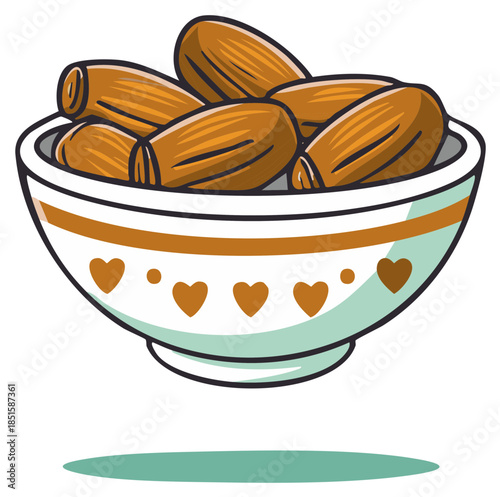 Cartoon Illustration of a decorative bowl filled with sweet brown dates, wholesome fruit snack