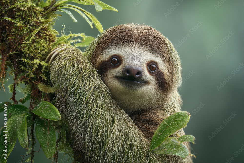 Obraz premium Sloth Hanging Calmly from Mossy Branch in Misty Tropical Cloud Forest Canopy Scene