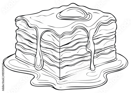 Dripping dessert with melted syrup, a layered cake in an outline style.