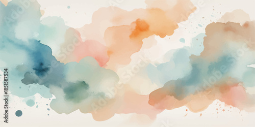 Abstract watercolor sky background with fluffy blue clouds and vintage paper texture