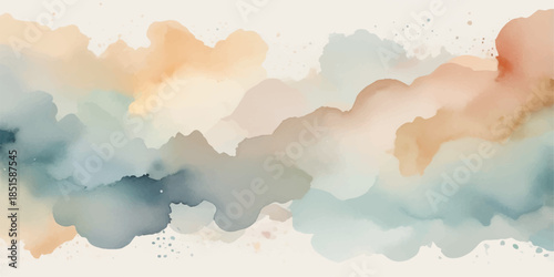 Abstract watercolor background showing the bright blue sky and fluffy white cumulus clouds on a sunny day