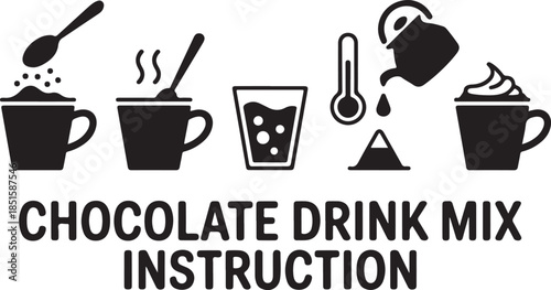 Set of silhouette icons. Instructions for preparing cocoa with milk. Directions for making a chocolate drink mix. Includes a cup, a drop, dry powder, a spoon, a thermometer, and a hot jet of steam