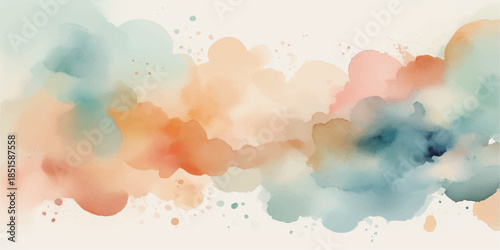 Abstract watercolor background with colorful clouds, sky, and sun for a bright, beautiful summer atmosphere