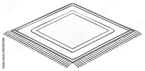 Isometric line art illustration of a fringed rug with a central diamond motif