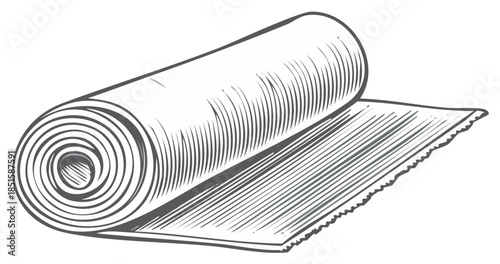 Detailed engraving style illustration of an unrolling fabric textile paper material roll