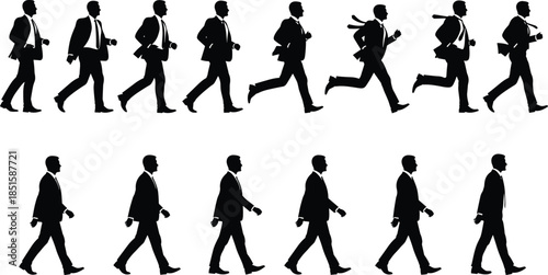 Vector Silhouette Collection of Businessmen and Office Workers Walking and Running in Suits, Representing Stress and Punctuality, Isolated Set.