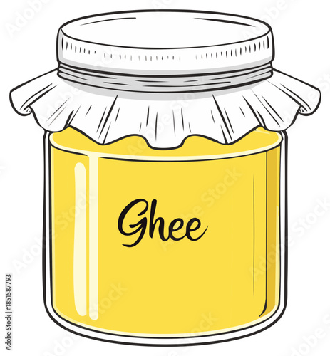 Jar of golden ghee, hand-drawn style, with a lid and paper covering, for culinary and health applications.