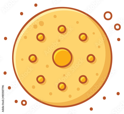 Stylized image of a circular lunar object showing craters and small particles surrounding it in cartoon style