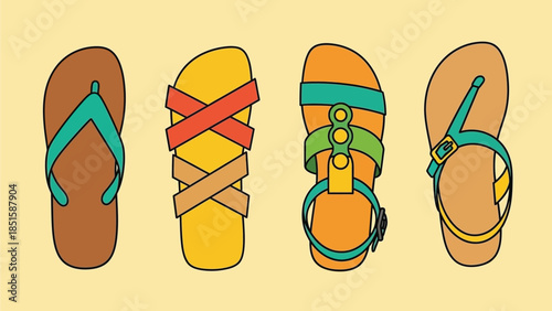 A collection of four different styles of sandals displayed on a light yellow background.