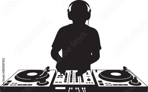 Silhouette of DJ mixing music on turntables. Clipart image isolated on background