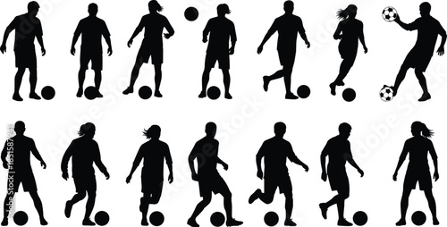 Vector Silhouette Collection of Male and Female Soccer Players Dribbling and Kicking Footballs, Representing Team Sport and Athletic Competition.