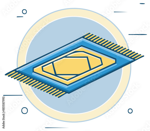 Vibrant blue and yellow Islamic prayer mat illustration with traditional geometric design and fringe for religious practices