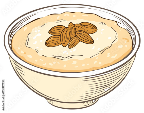 Creamy Healthy Porridge or Oatmeal with Whole Almonds in a Bowl Vector Illustration