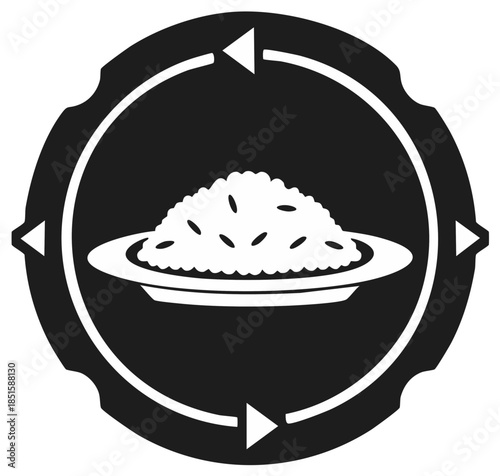 Stylized plate of rice with circular arrow symbol inside black circle