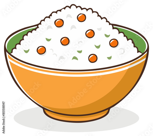 Bowl overflowing with rice, garnished with green herbs and orange vegetables in cartoon style vector illustration
