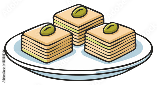 Three delectable layered baklava pastries with pistachio nuts on a serving plate illustration