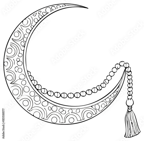 Crescent Moon Illustration with Beads and Tassel for Islamic Celebrations, Religious Themes, or Coloring Pages