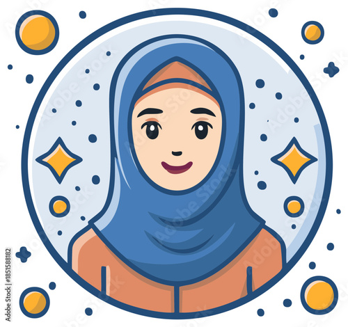 Smiling Woman Wearing Hijab in Circular Frame with Stars and Orbs Cartoon Style