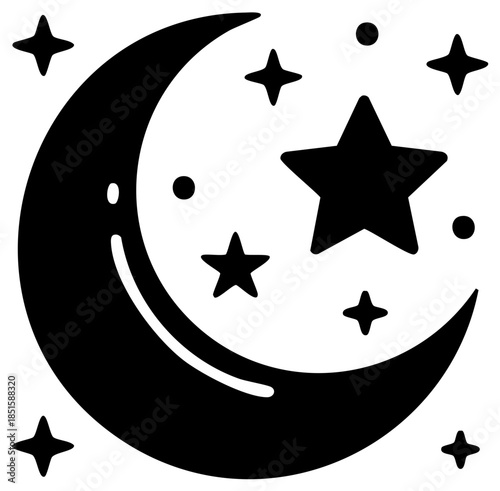 Stylized crescent moon with stars and dots, night sky celestial icon