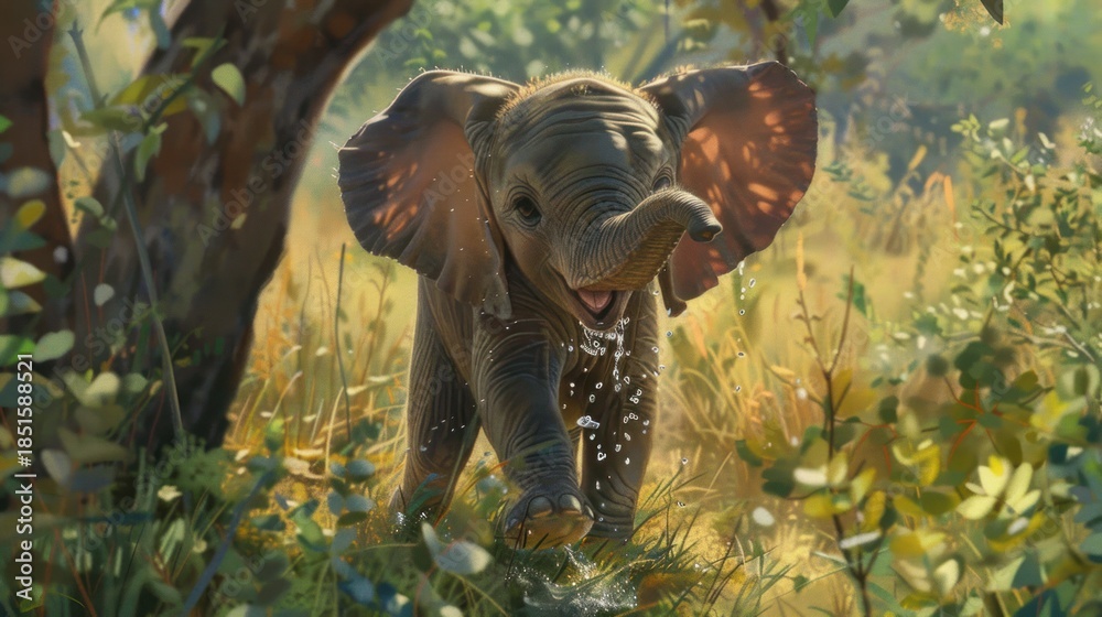Obraz premium Young Elephant Playing in Sunlit Forest Clearing with Green Foliage and Warm Lighting