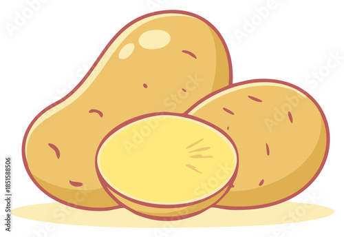 Cartoon Potatoes Illustration Fresh Yellow Root Vegetables Whole and Sliced