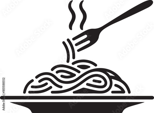 Simple black and white icon of steaming spaghetti on a plate with a fork