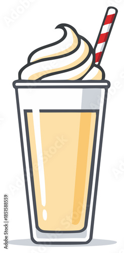 Tall glass of creamy yellow milkshake with whipped cream and striped straw