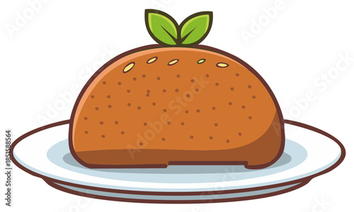 Cute cartoon style brown baked bun with sesame seeds and fresh green leaves on a serving plate