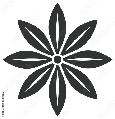 Stylized flower with eight petals in dark gray and white with dot center