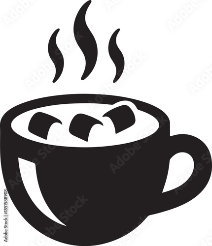 Steaming hot chocolate icon with marshmallows in black mug