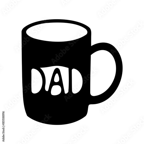 A black coffee mug with the word DAD in white lettering design
