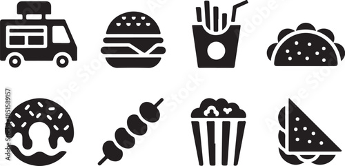 Street food silhouette icon set. Food truck, burger, fries, taco icons silhouette collection