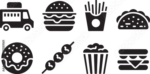 Street food silhouette icon set. Food truck, burger, fries, taco icons silhouette collection