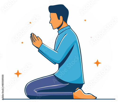 Man kneeling in prayer spiritual contemplation traditional attire illustration