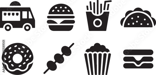 Street food silhouette icon set. Food truck, burger, fries, taco icons silhouette collection